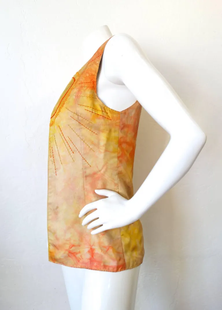 1970s Silk Tie Dye Embroidered Hippie Vest