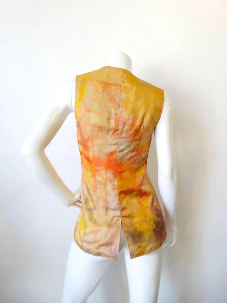 1970s Silk Tie Dye Embroidered Hippie Vest