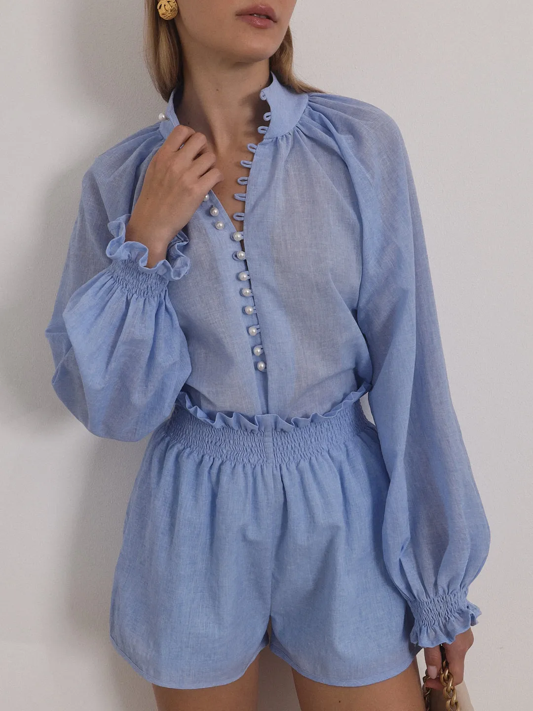 Akira Pearl Button Resort Blouse | Sky Blue