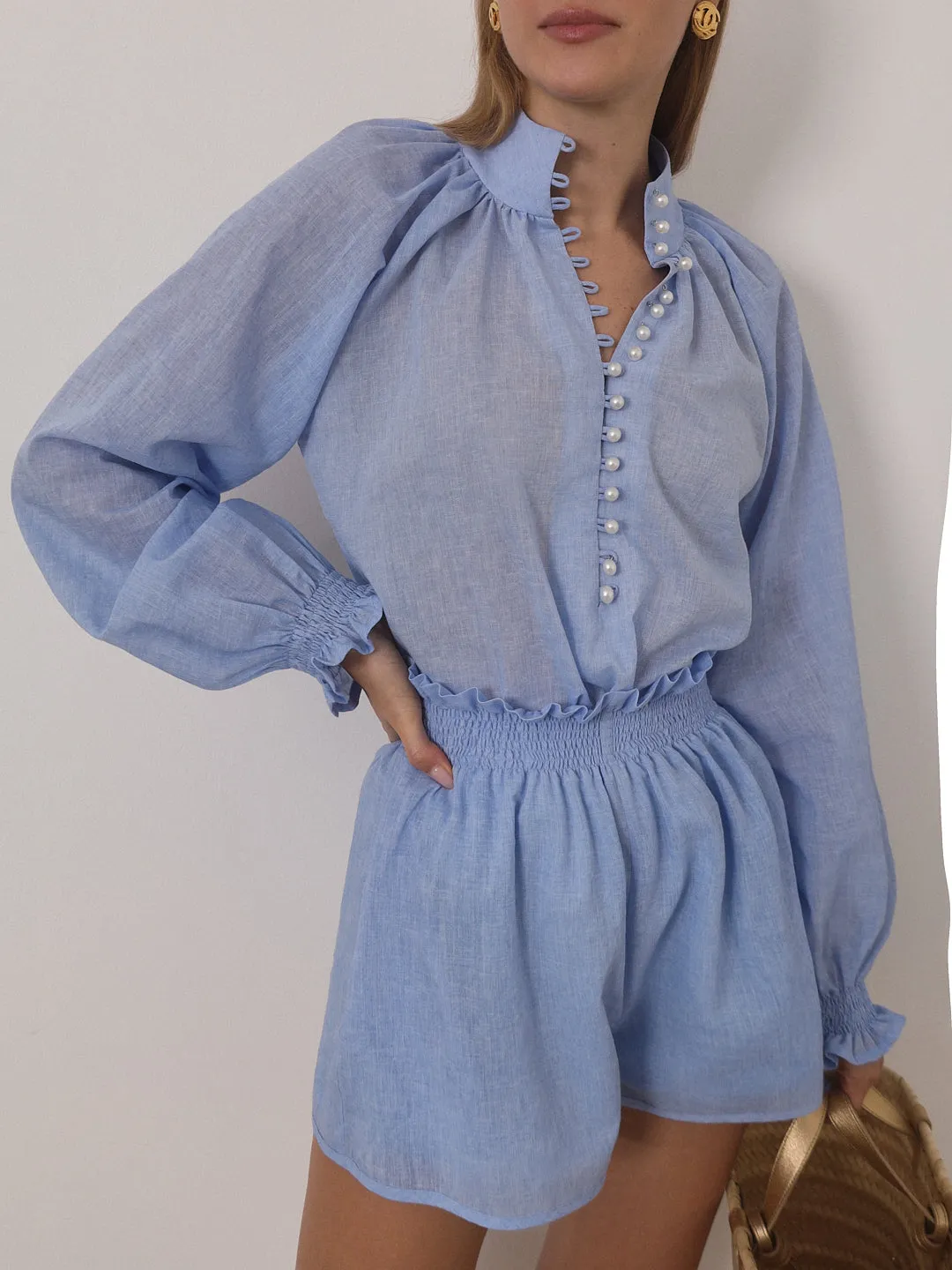 Akira Pearl Button Resort Blouse | Sky Blue