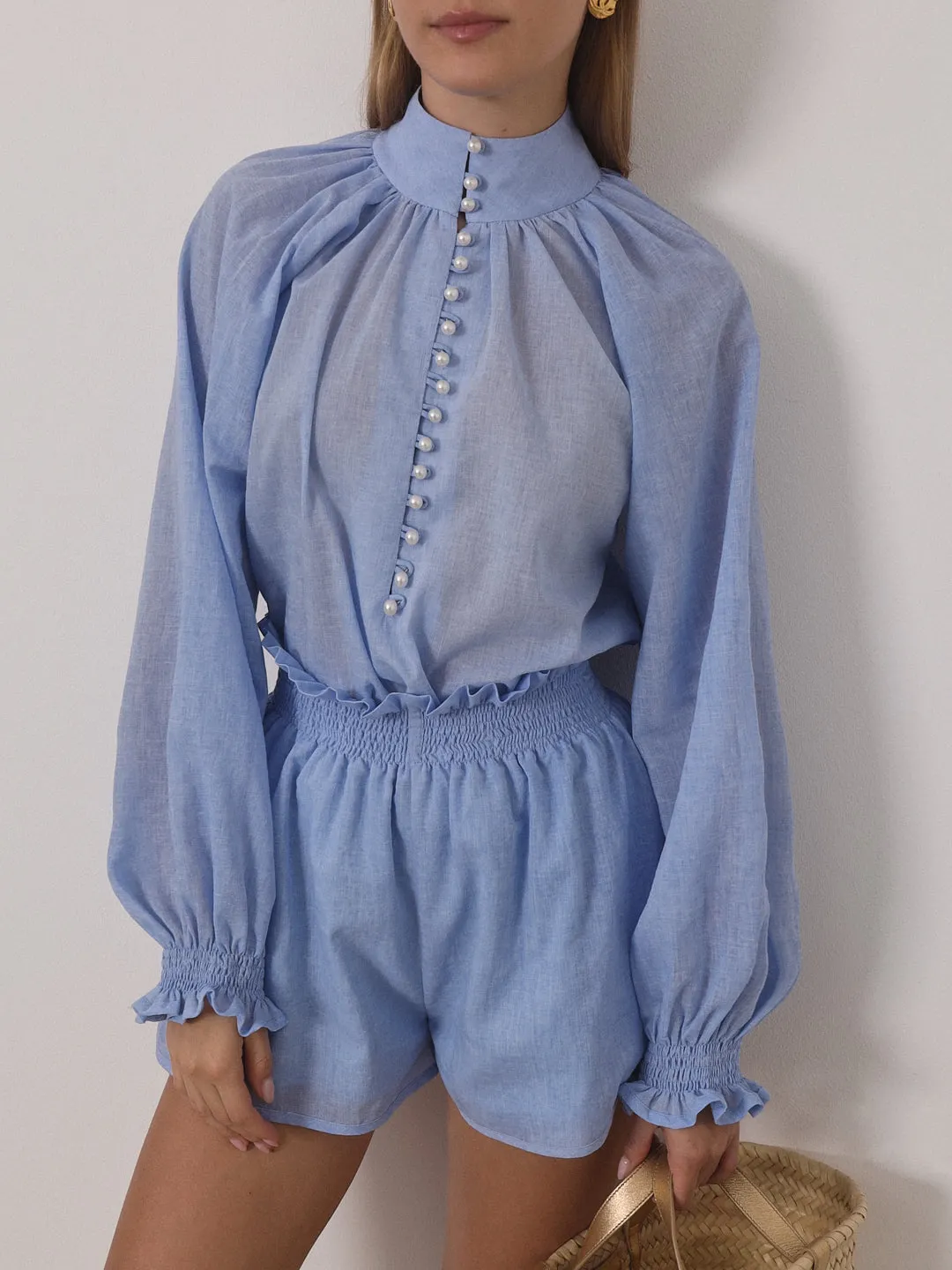 Akira Pearl Button Resort Blouse | Sky Blue