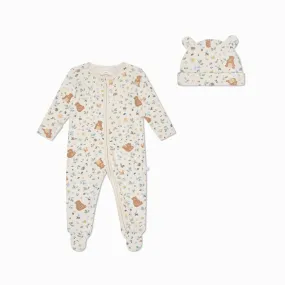 Bear Print Clever Zip Baby Pajamas & Hat Set