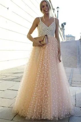 Beautiful Flowy Spaghetti Straps Open Back Long Prom Dress