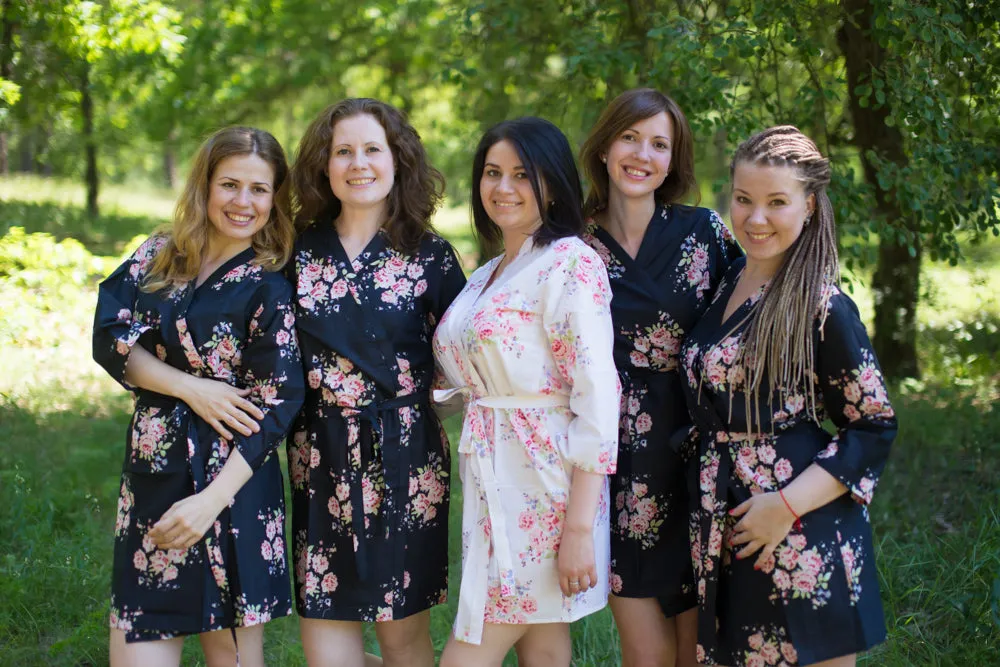 Black Faded Flowers Pattern Bridesmaids Robes