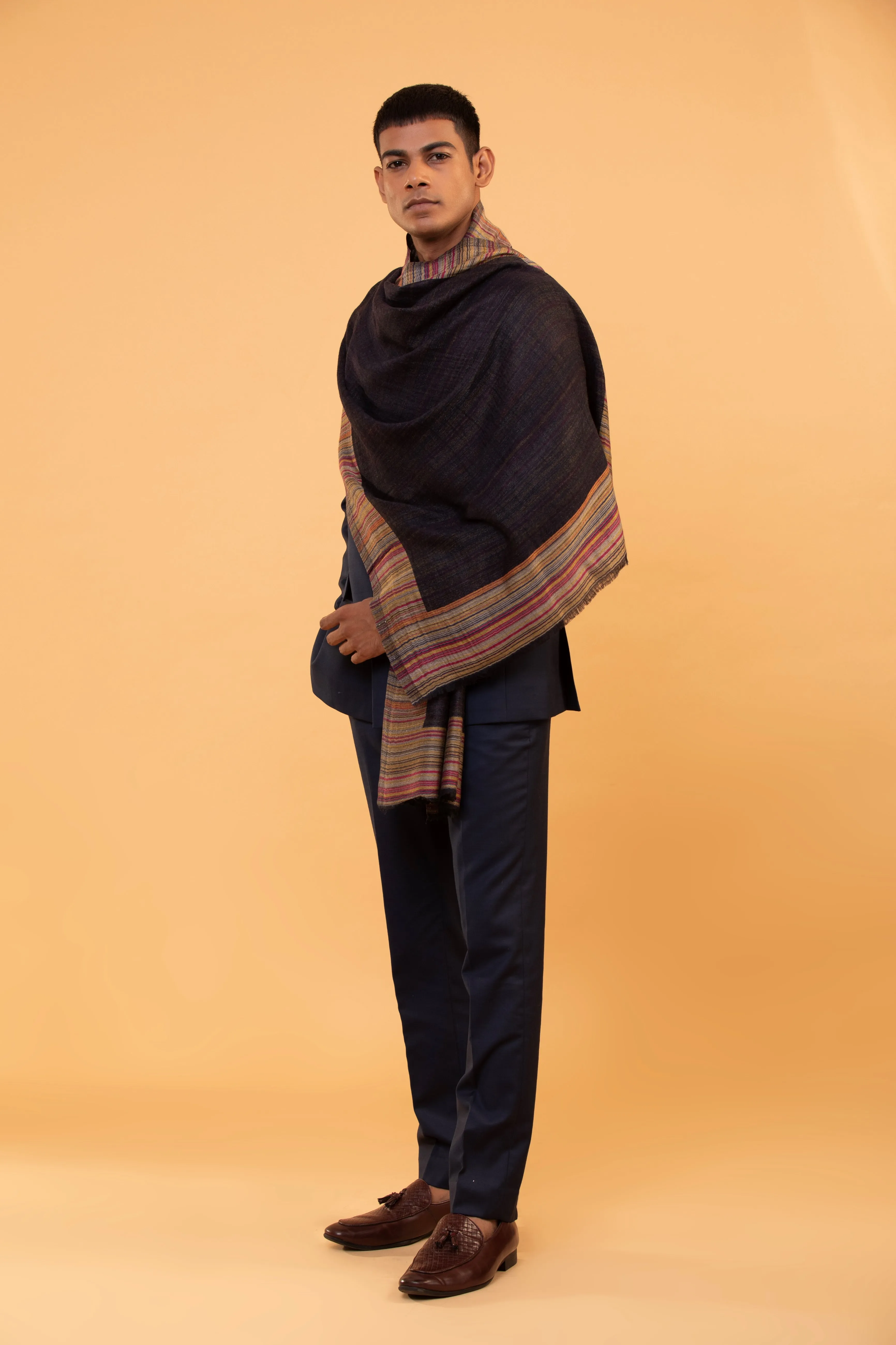 Black Fine Wool Shawl for Men with Ethnic Weave and Woven Border Design