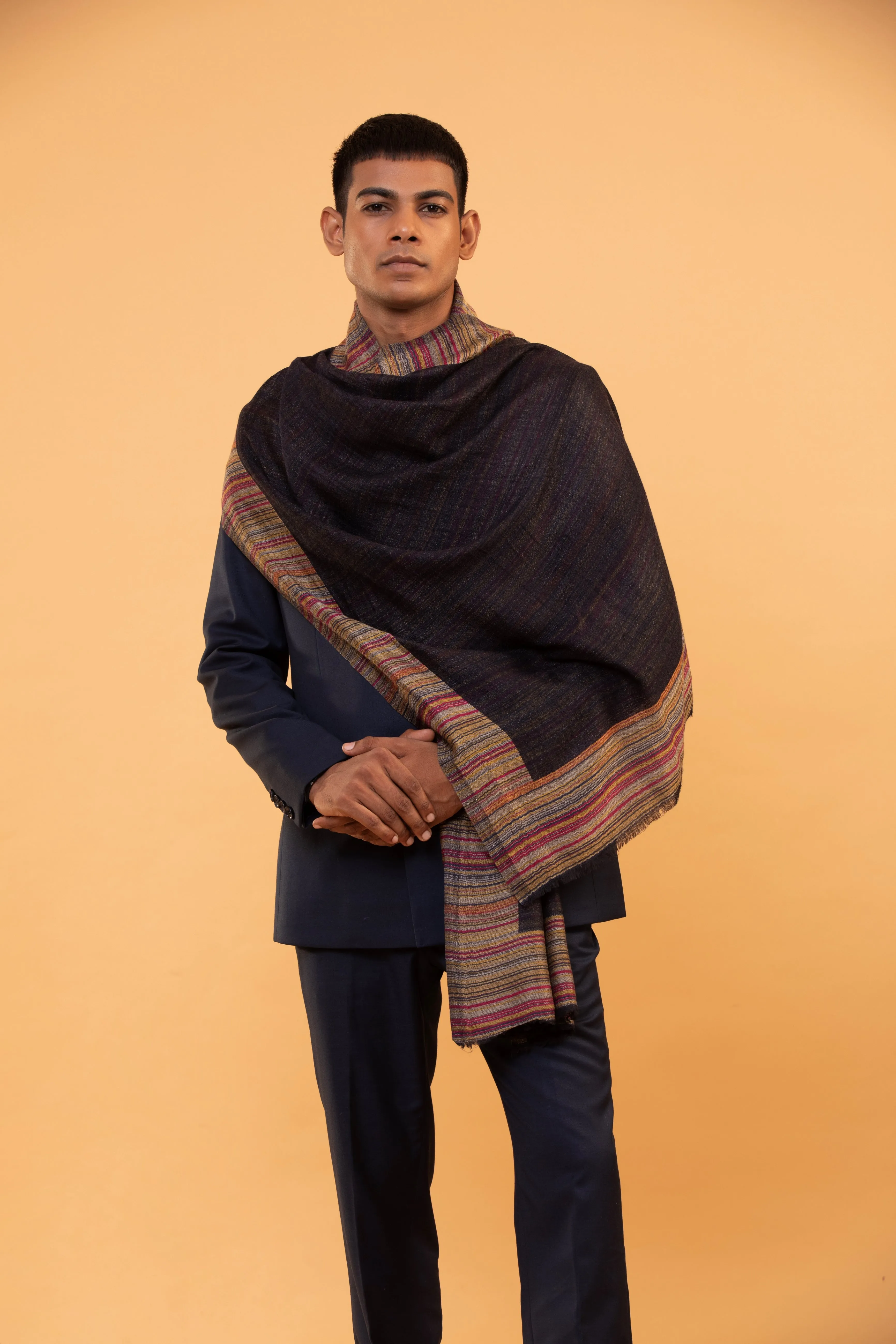 Black Fine Wool Shawl for Men with Ethnic Weave and Woven Border Design