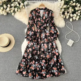 Black V-neck Chiffon Floral Long Sleeve Dress | Women