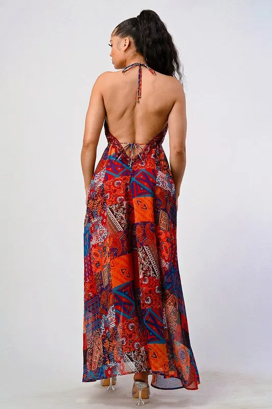 Boho Print Sequin Trim Maxi Dress