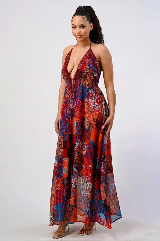 Boho Print Sequin Trim Maxi Dress