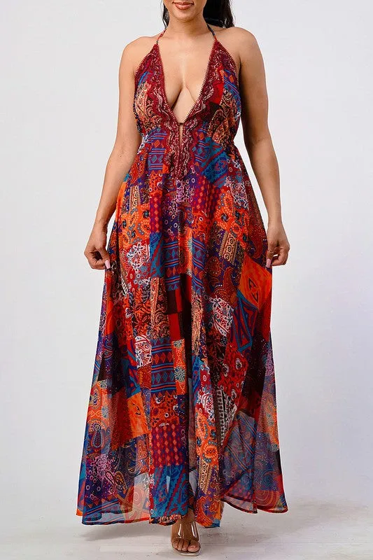 Boho Print Sequin Trim Maxi Dress