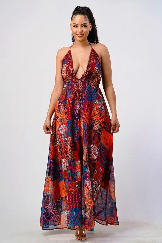 Boho Print Sequin Trim Maxi Dress