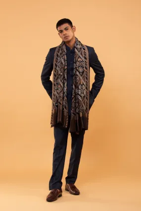 Brown Hand Embroidered Fine Wool Men's Shawl - Luxury Wrap