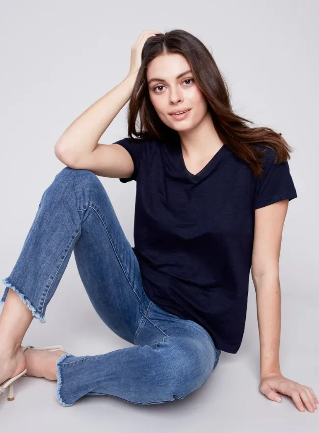 CHB Linen V-neck Tee-Navy