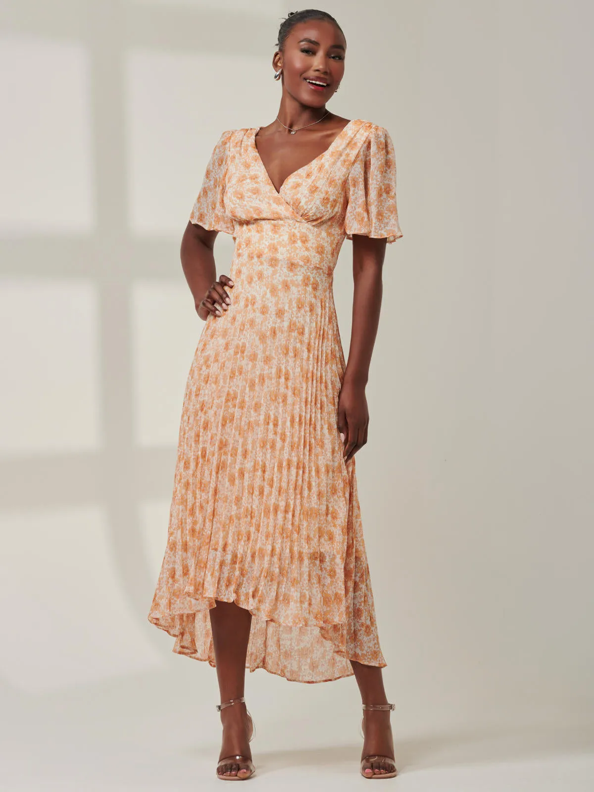 Chelsea Pleated Chiffon Dip Hem Maxi Dress, Orange Floral