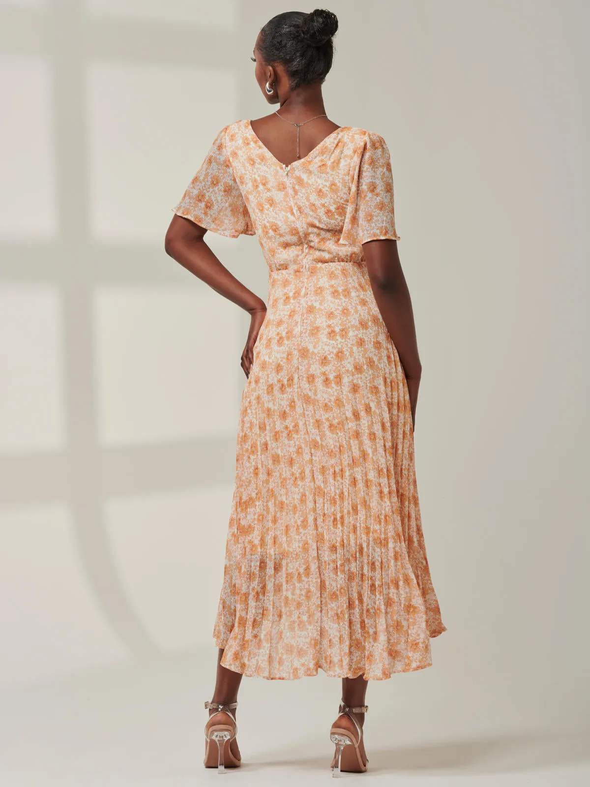 Chelsea Pleated Chiffon Dip Hem Maxi Dress, Orange Floral