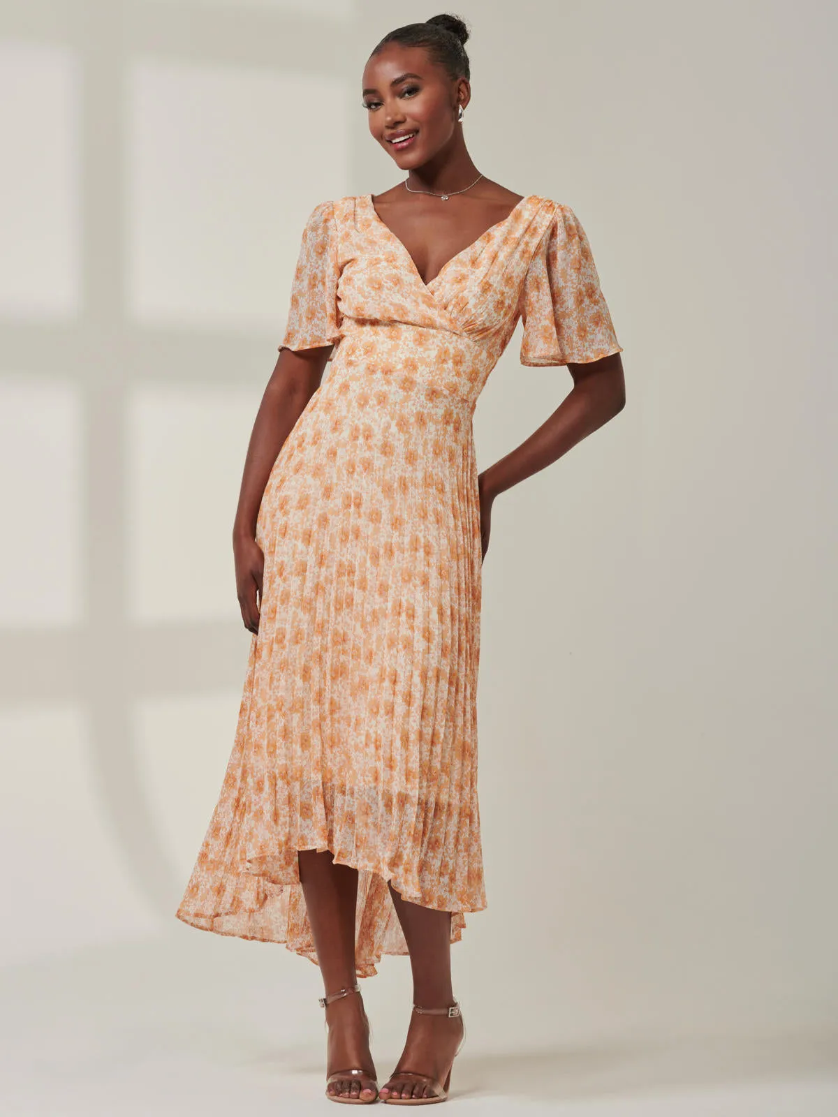 Chelsea Pleated Chiffon Dip Hem Maxi Dress, Orange Floral