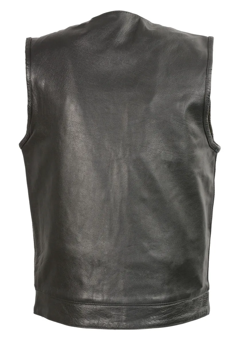 Club Vest CVM3711 Men’s Black Leather Vest with Seamless Back Design