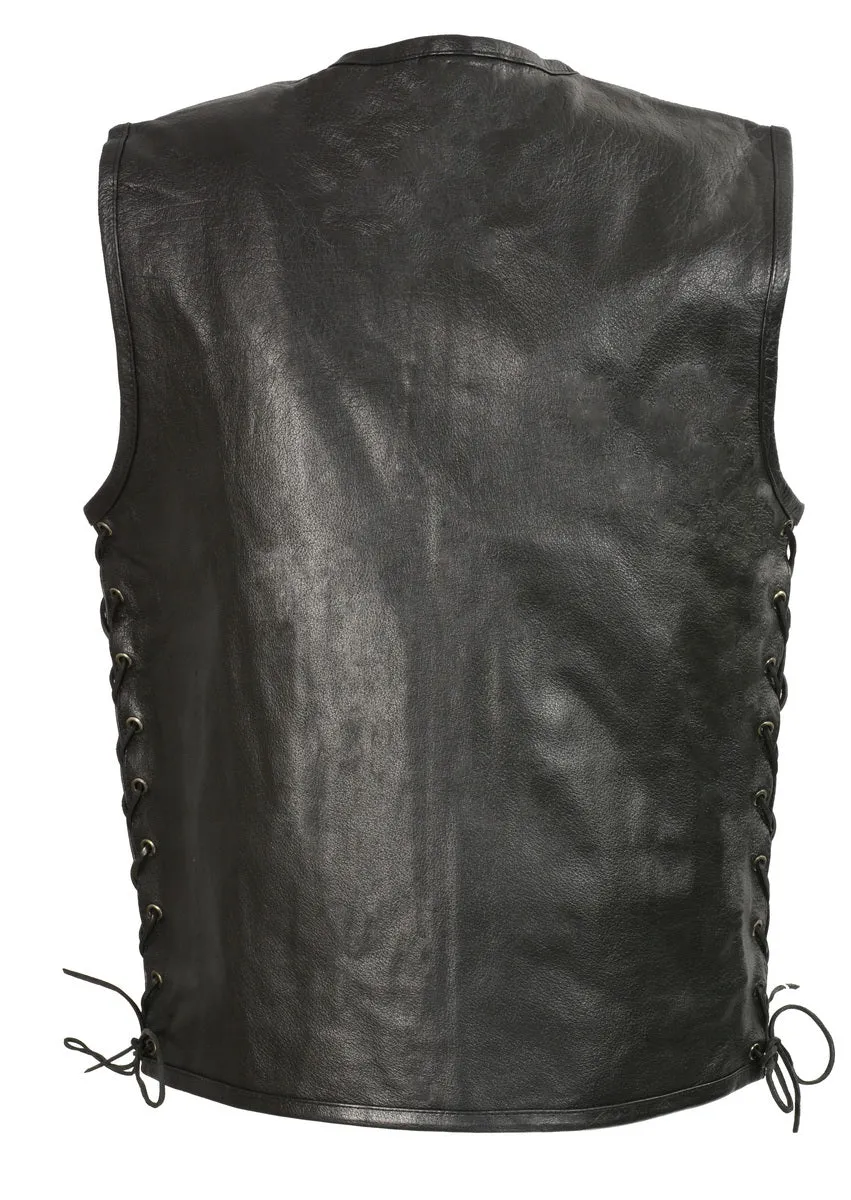 Club Vest CVM3741 Men’s Black Zipper Front Side Lace Leather Vest with Seamless Design