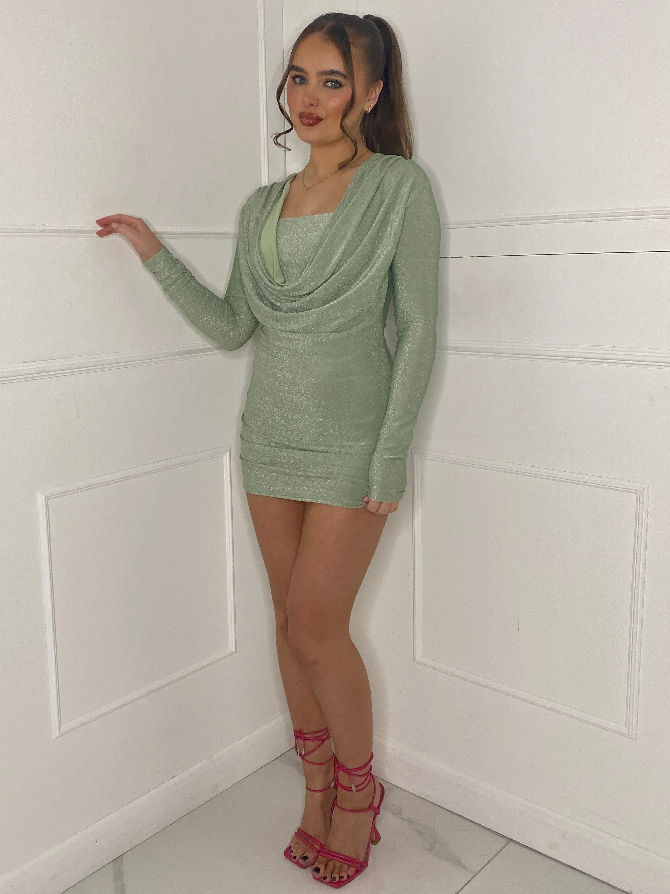 Cowl Neck Glitter Dress - Sage Green