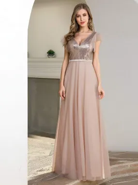 Deep Double V Neck Flowy Tulle Bridesmaid Dresses