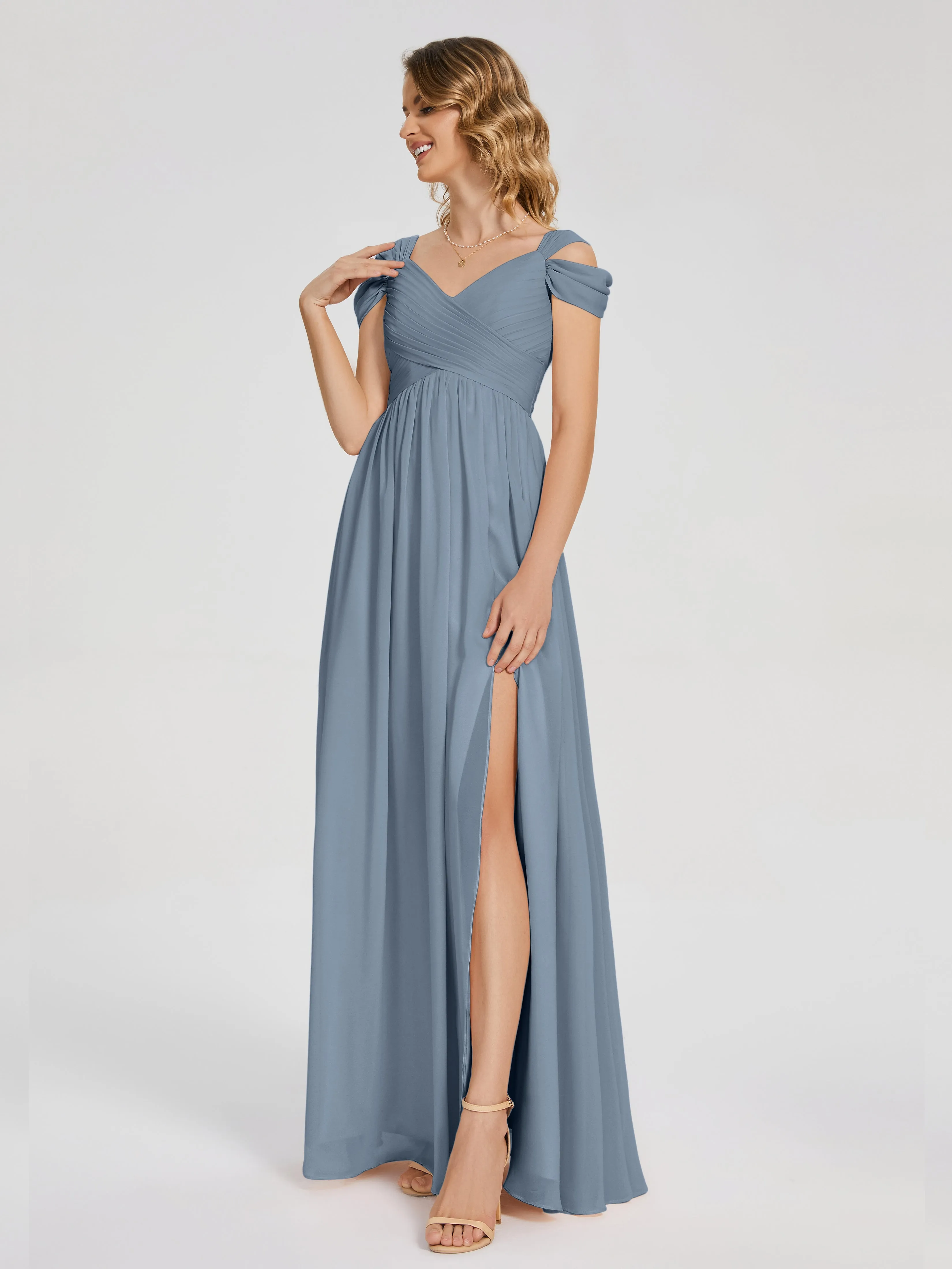 Dusty Blue Bridesmaids Charlee Flowy Split Chiffon Bridesmaid Dresses