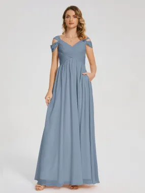 Dusty Blue Bridesmaids Charlee Flowy Split Chiffon Bridesmaid Dresses