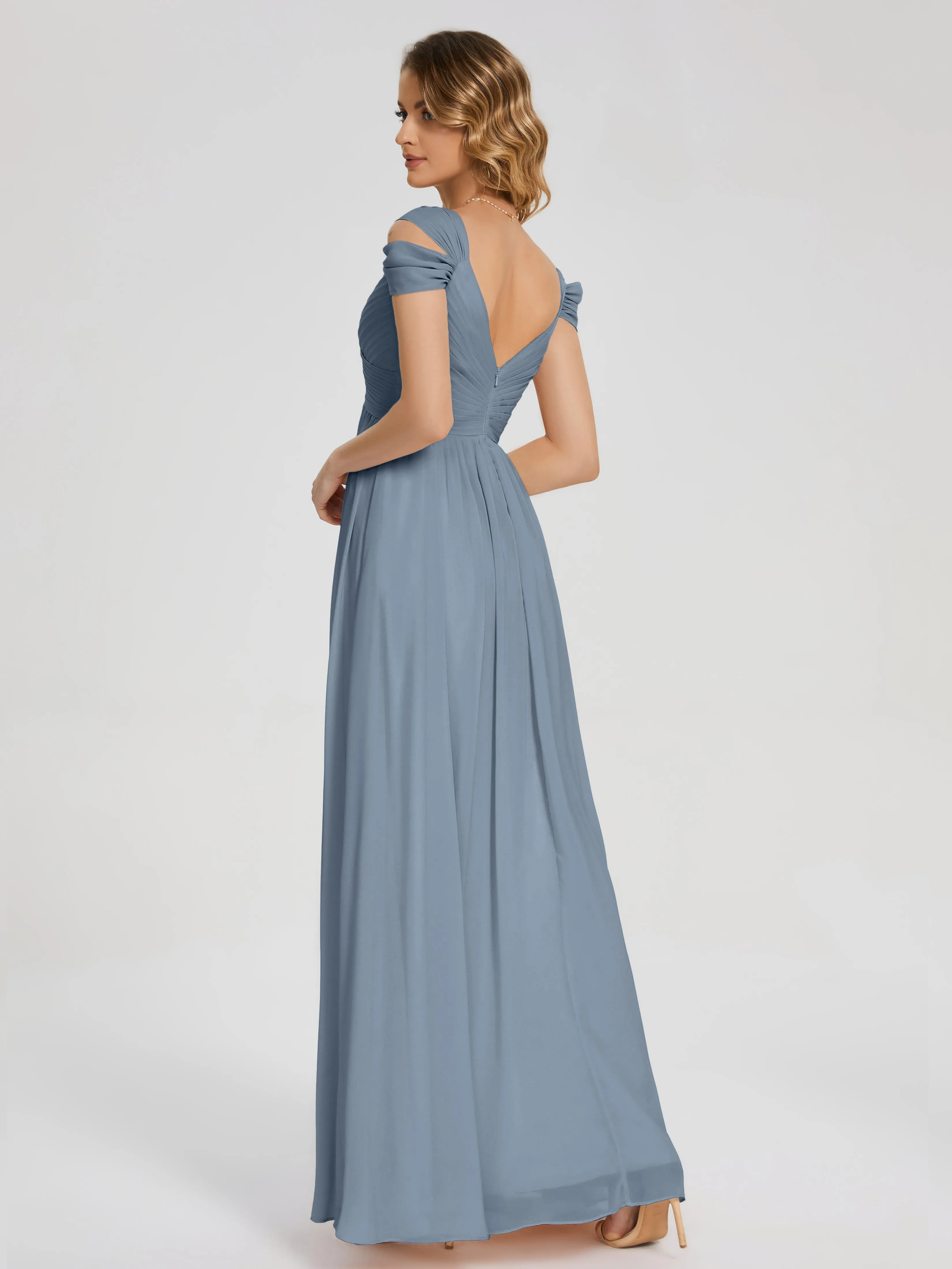 Dusty Blue Bridesmaids Charlee Flowy Split Chiffon Bridesmaid Dresses