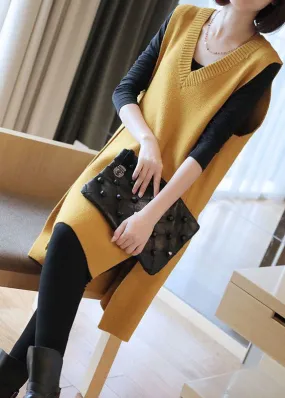 Elegant Yellow Oversized Side Open Knit Long Vests Sleeveless LY1457