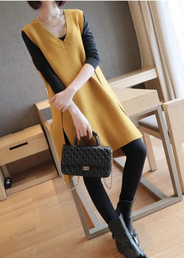 Elegant Yellow Oversized Side Open Knit Long Vests Sleeveless LY1457