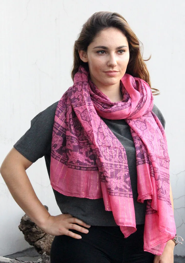 Elephant  Print Dark Pink Cotton Summer Scarf