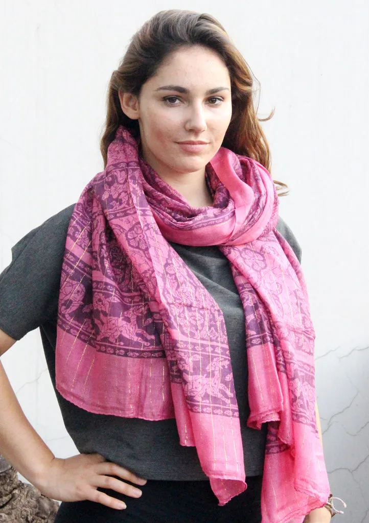 Elephant  Print Dark Pink Cotton Summer Scarf