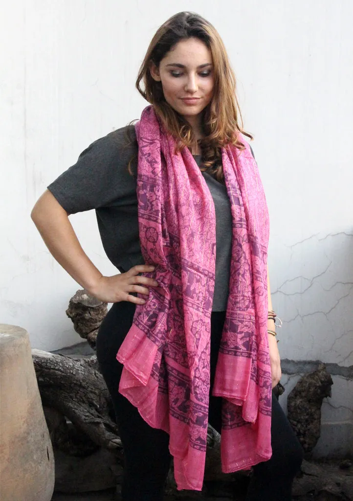 Elephant  Print Dark Pink Cotton Summer Scarf