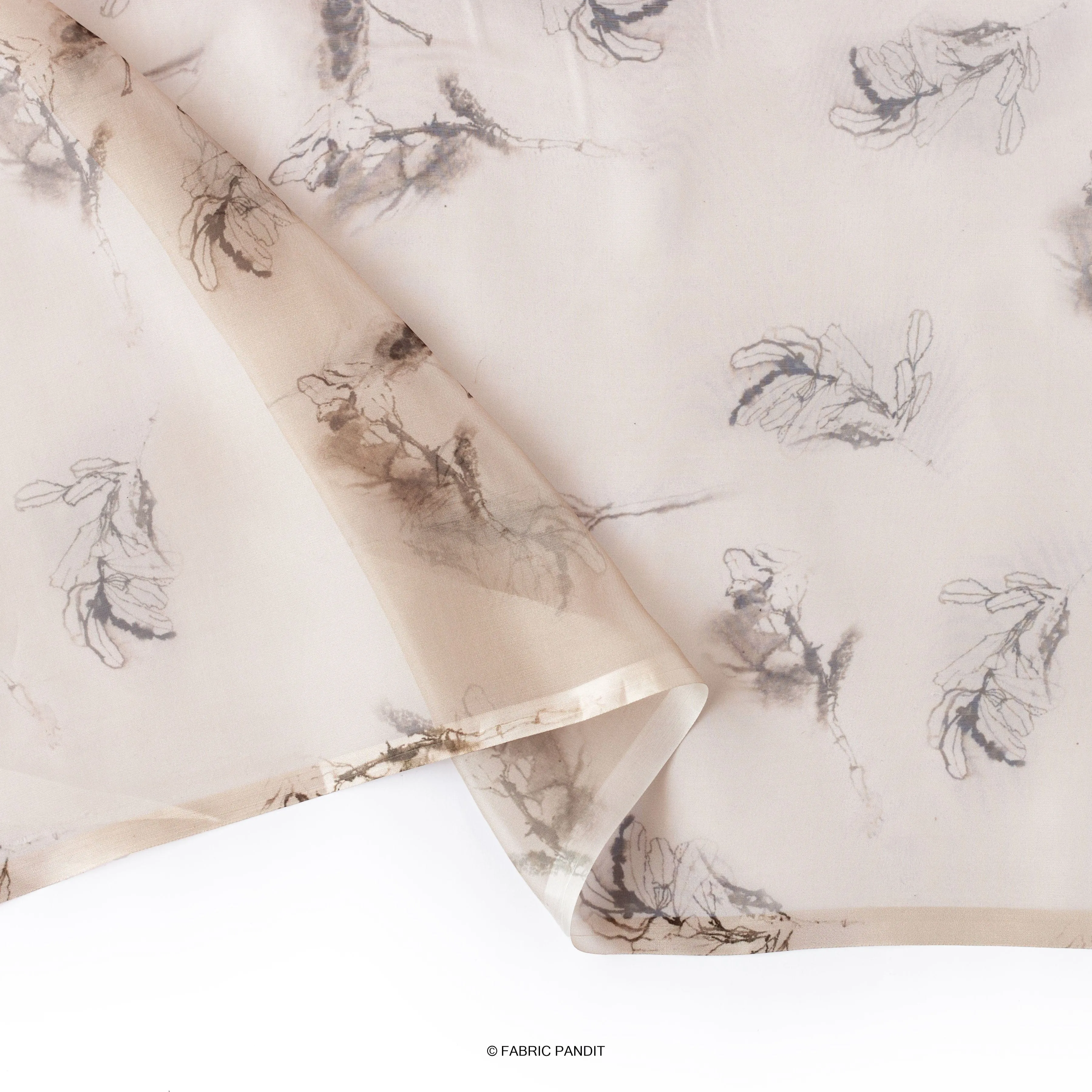 Floral White twigs and leaves Digital Printed Taby silk Fabric (Width 44 Inches)