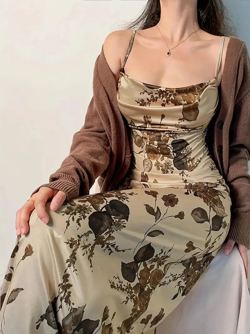 Flytonn- Vintage Floral Print Maxi Dress