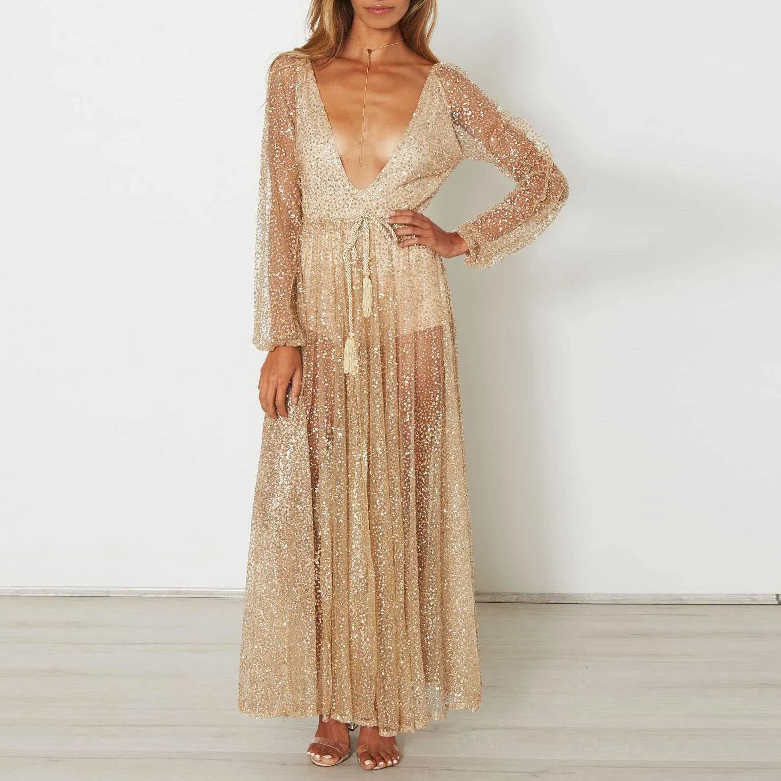 Gitter Sequins Deep Plunge Tie Waist Long Sleeve Sheer Mesh Dress