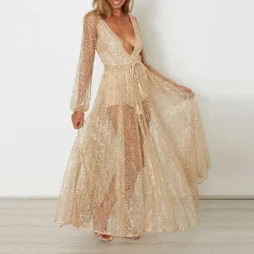 Gitter Sequins Deep Plunge Tie Waist Long Sleeve Sheer Mesh Dress