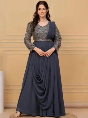 Grey Embroidered Georgette Gown Dress