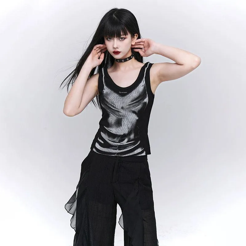 Ladyghost Grunge Skull Tank Top - Women'S Black And White Tie-Dye Sleeveless Shirt With Gothic Print