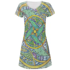 Mandala Trippy Stained Glass Chameleon All Over Juniors Beach Cover-Up Dress