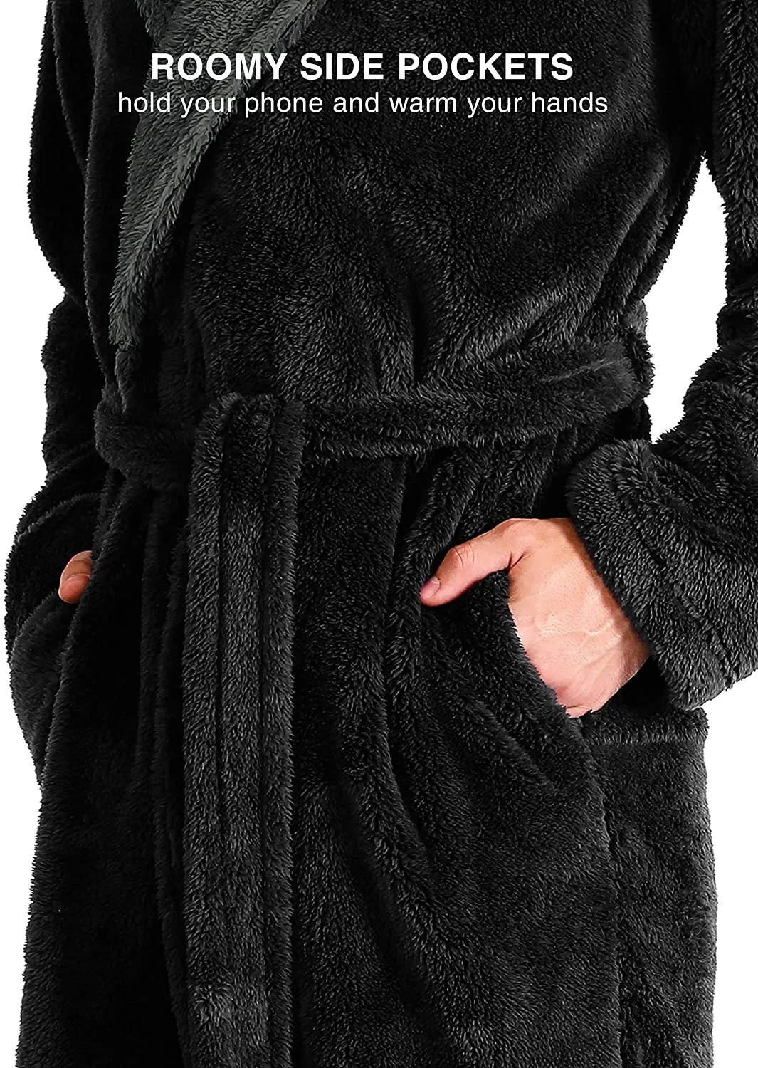 Men's Black Long Sleeve Plush Velveteen Full Length Robe