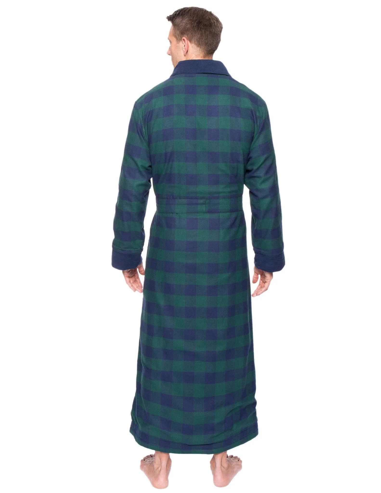 Men's Premium 100% Cotton Flannel Fleece Lined Robe - Gingham Green/Navy