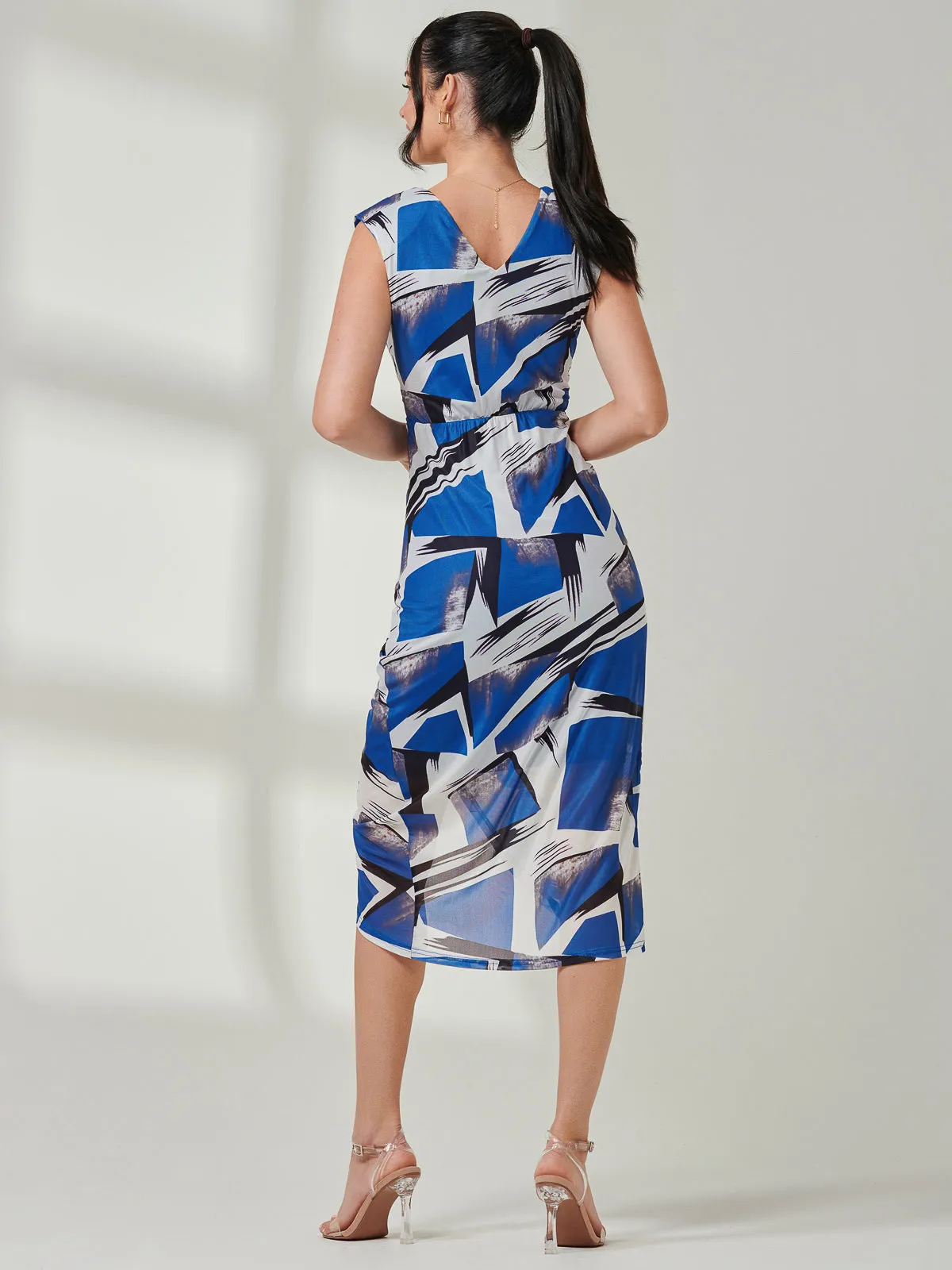 Mesh Wrap Ruched Bodycon Dress, Blue Abstract