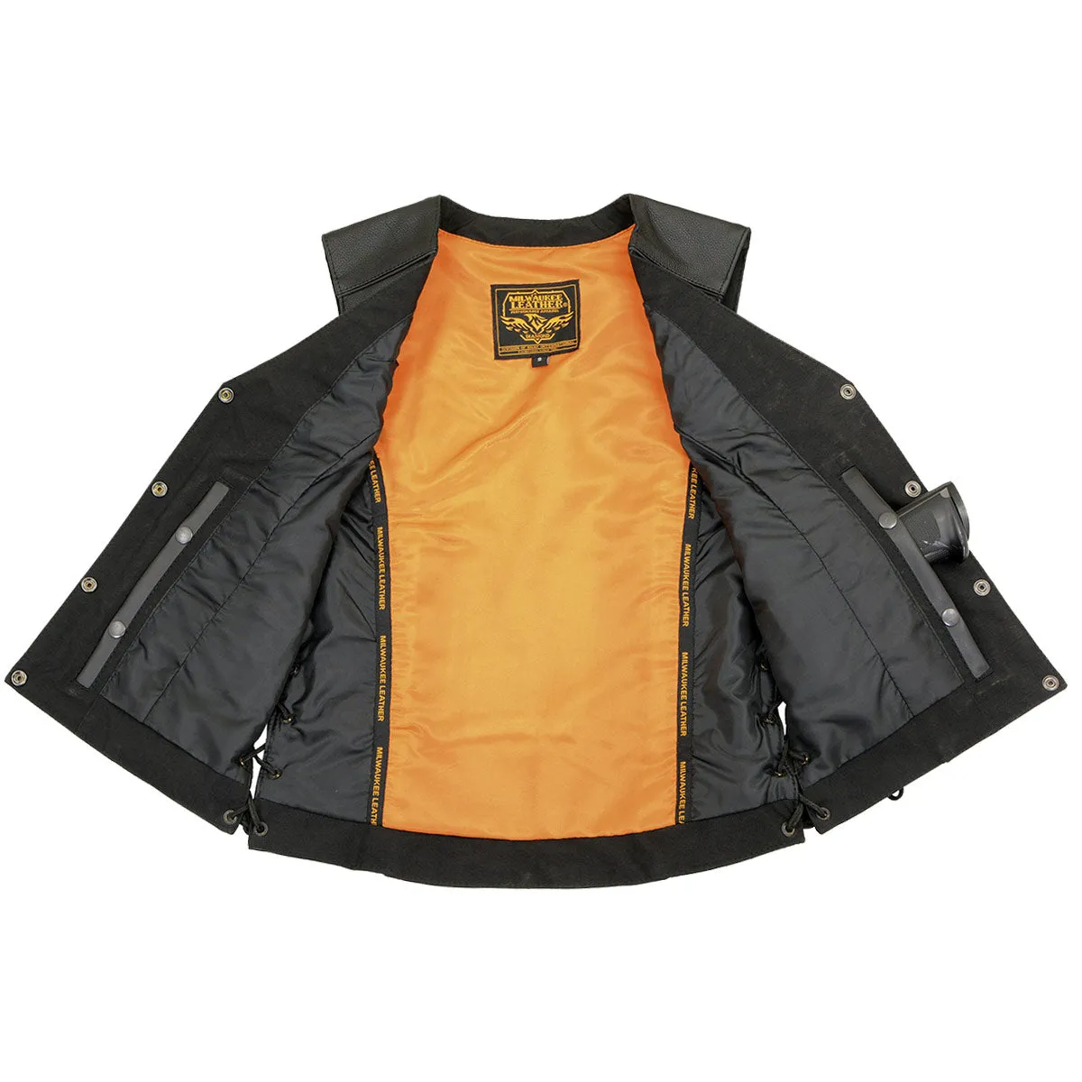 Milwaukee Leather ML1296 Women's Black Leather Side Laced Motorcycle Vest w/ Reflective Tribal