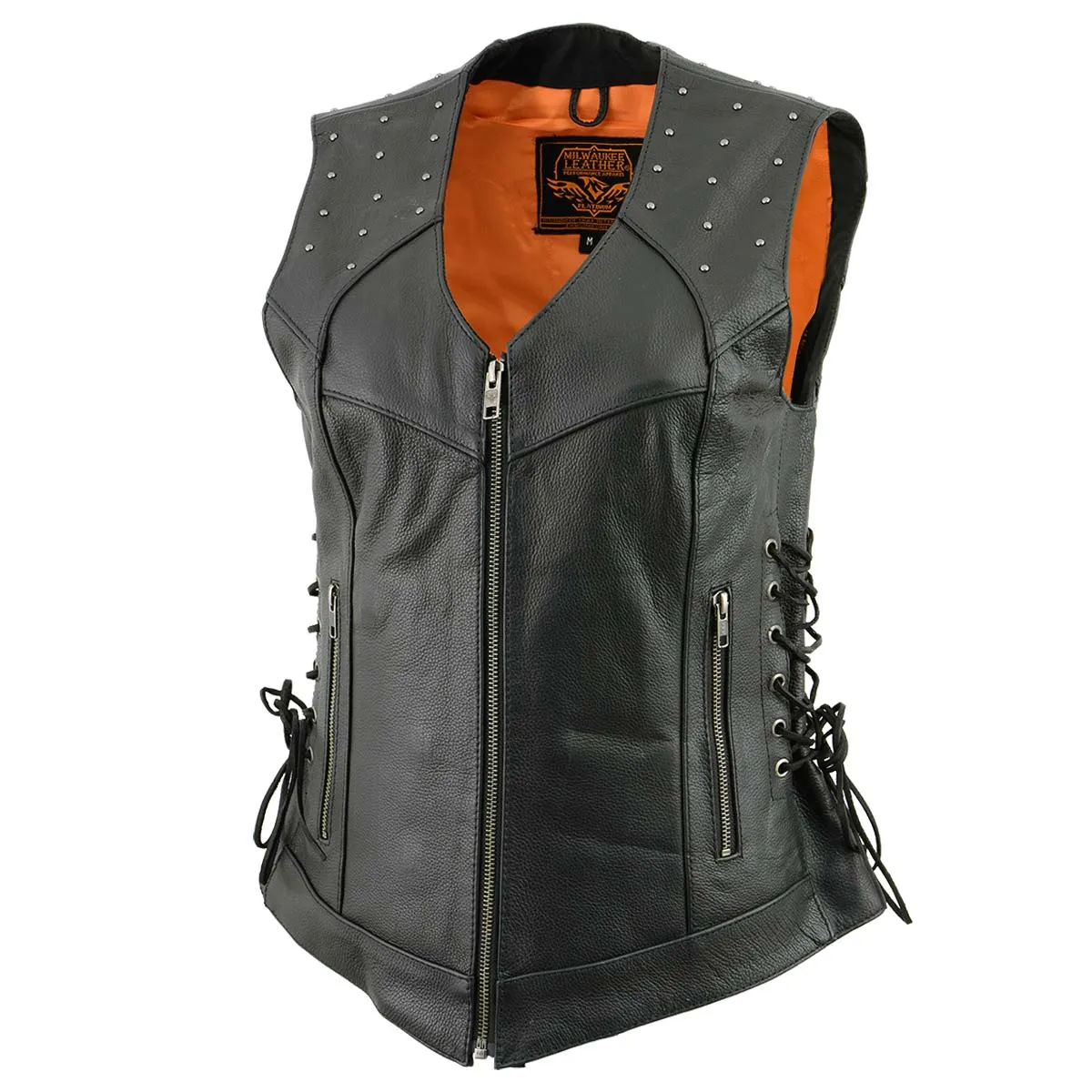 Milwaukee Leather MLL4504 Women's Classic Black Leather V-Neck Riveted Motorcycle Rider Vest with Side Lace