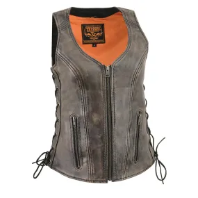 Milwaukee Leather MLL4531 Women's Distress Brown Leather Open V-Neck Motorcycle Rider Vest with Side Lace