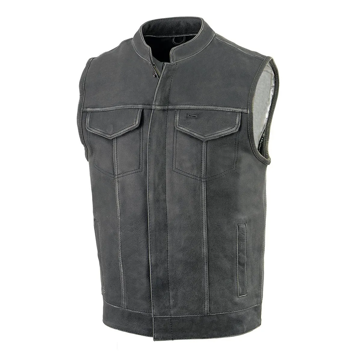 Milwaukee Leather MLM3513 Men's Naked Leather Club Style Vest- Concealed Snaps Zipper Closure Motorcycle Rider Vest