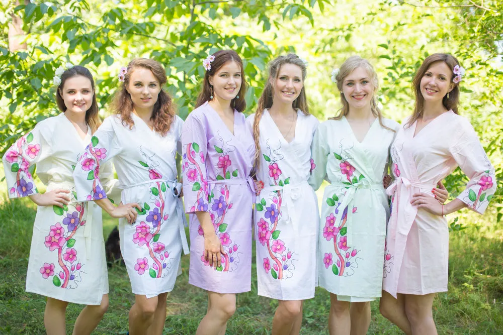 Mismatched Swirly Floral Vine Patterned Bridesmaids Robes in Soft Tones