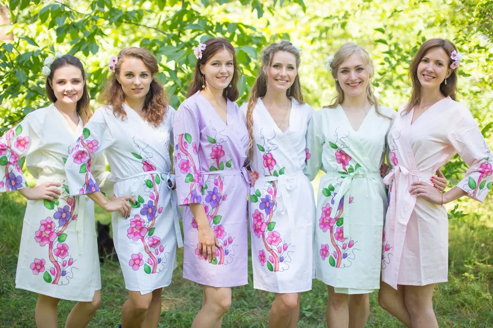 Mismatched Swirly Floral Vine Patterned Bridesmaids Robes in Soft Tones