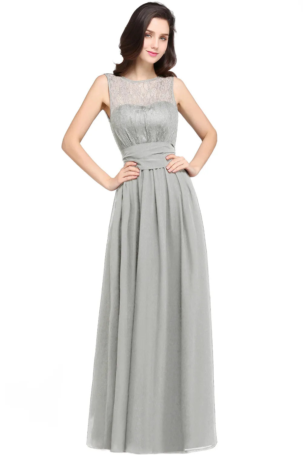 Off The Shoulder Round Neck Chiffon Long Bridesmaid Dress with Floral Lace and Ruffle