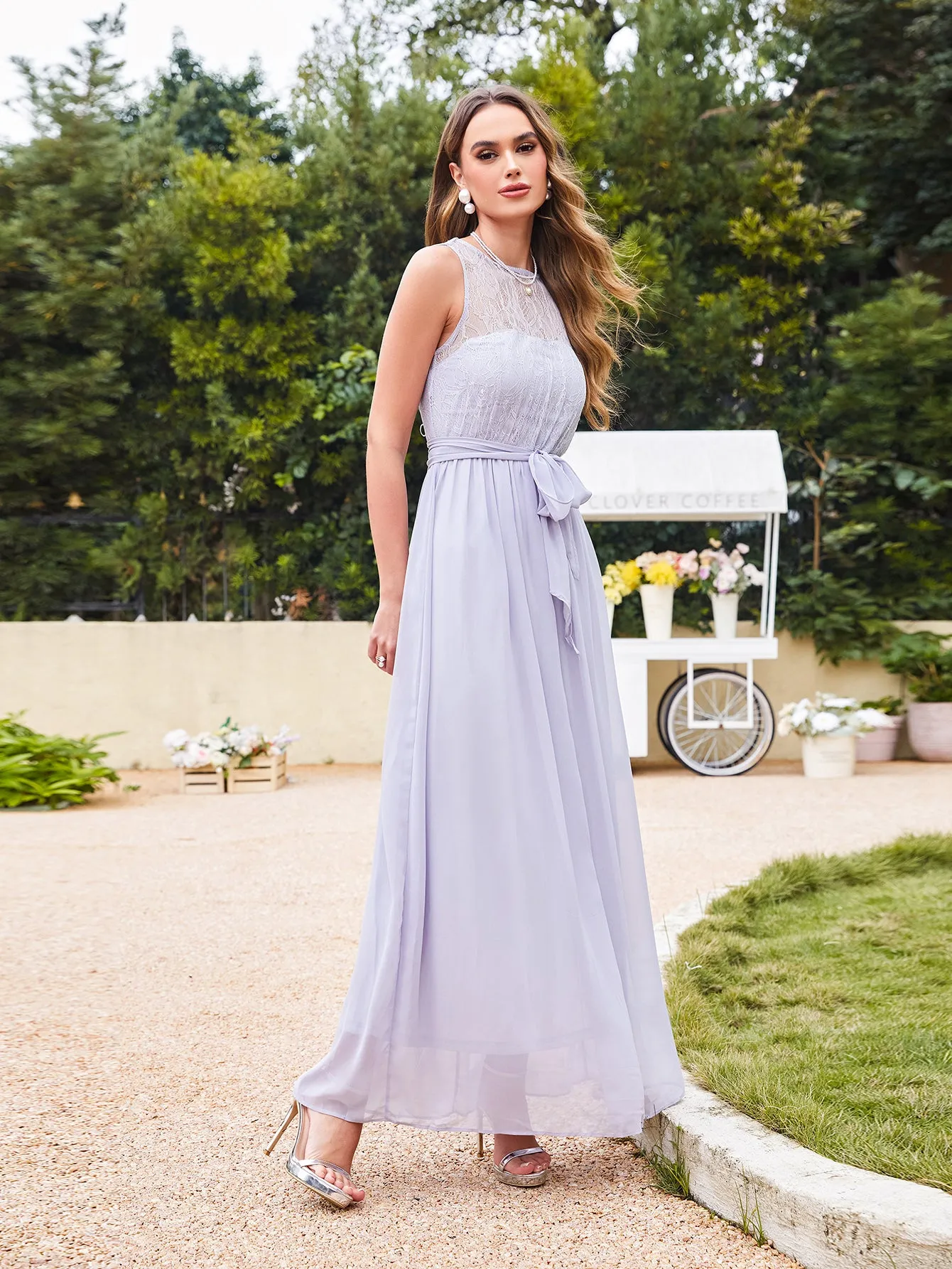 Off The Shoulder Round Neck Chiffon Long Bridesmaid Dress with Floral Lace and Ruffle